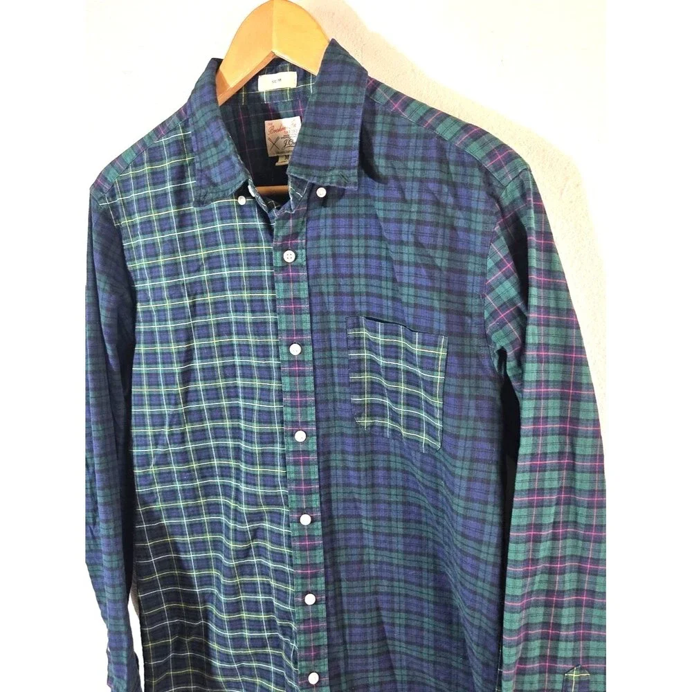 J.Crew Broken In Oxford Shirt Men M Slim Blue Plaid Patchwork Organic Cotton